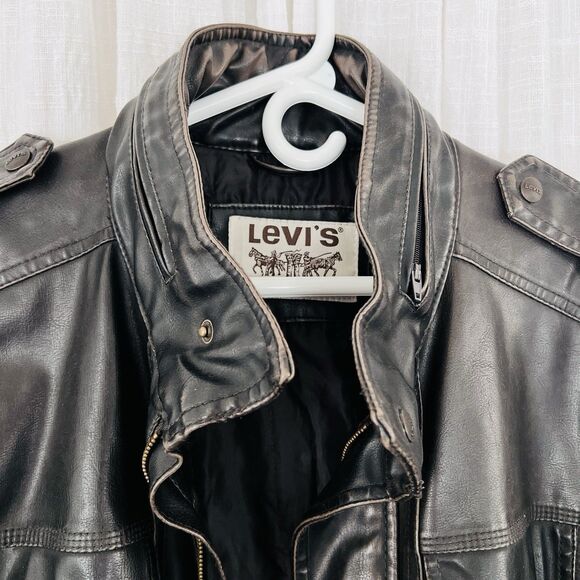 Authentic Levi's Espresso Brown Polyvinyl Thick Rugged Moto Jacket Mens XL Biker